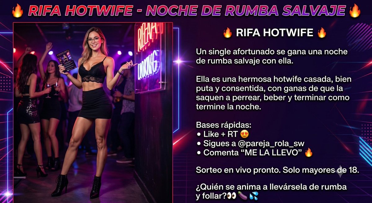 Pareja_rola_sw's tweet photo. 🔥 RIFA HOTWIFE - Noche de Rumba 🔥

​Un single afortunado se gana una noche de rumba salvaje con ella 💃
​🎟️ Modalidad: Sorteo por Lotería

​📌 Bases:
1️⃣ Like + RT 🔄
2️⃣ Sigue a @pareja_rola_sw
3️⃣ Comenta “ME LA LLEVO” 🔥

​¿Quién se anima a llev��rsela de rumba  follar? 👀🍆💦 https://t.co/WPqqI9x1yb