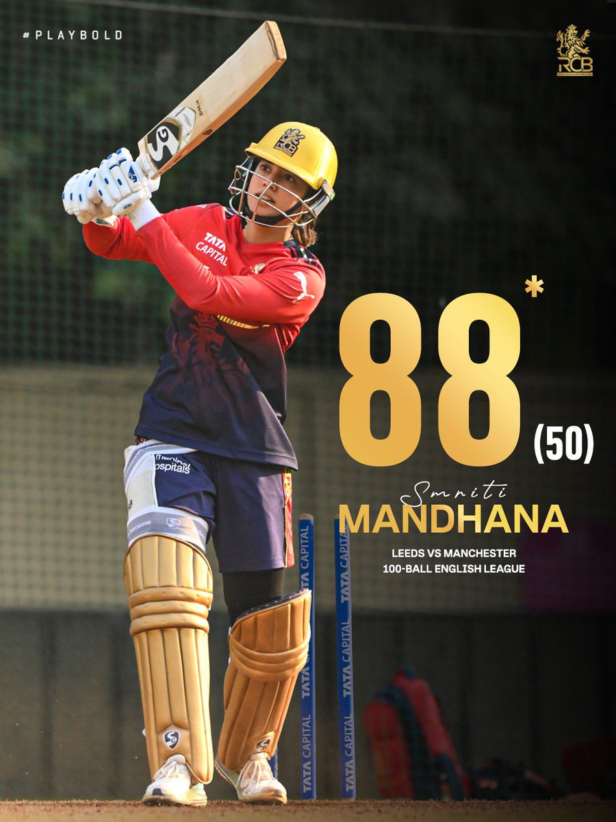 RCBTweets's tweet photo. Her Majesty continues to collect runs across continents. 👸🌍 

A sublime 8️⃣8️⃣ from Smriti Mandhana in the 100-ball league. Just another day at the office. ❤️🌟

#PlayBold #ನಮ್ಮRCB https://t.co/TJR5tyF6gE