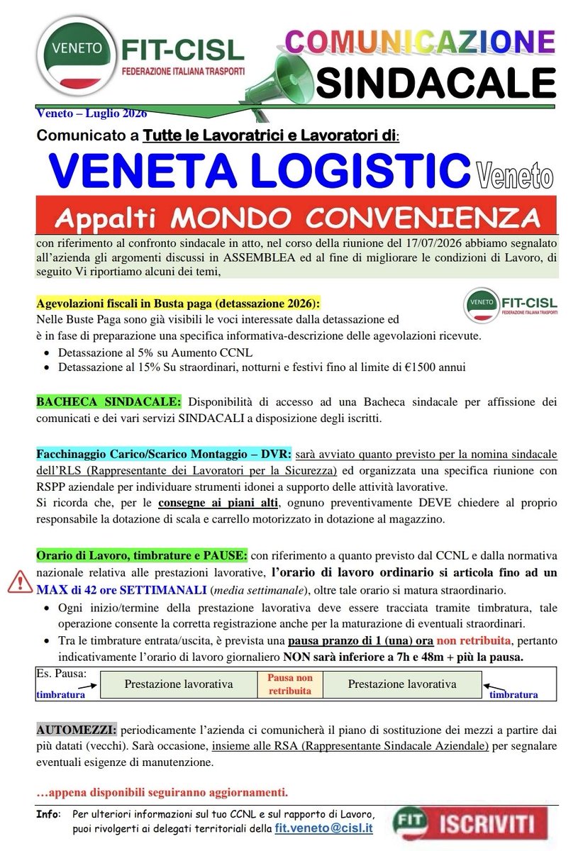FITCISLVeneto's tweet photo. #FitCislVeneto
filiera distribuzione #MondoConvenienza
📝Dopo la firma del #PdR, prosegue il confronto di ⚠️Secondo livello di contrattazione con
#VenetaLogistic, Operatore che gestisce i magazzini di Belfiore (VR) e Quarto d'Altino (VE)
#FitCislVeneto #sicurezza #salari #tutele https://t.co/9noq0FtDjm