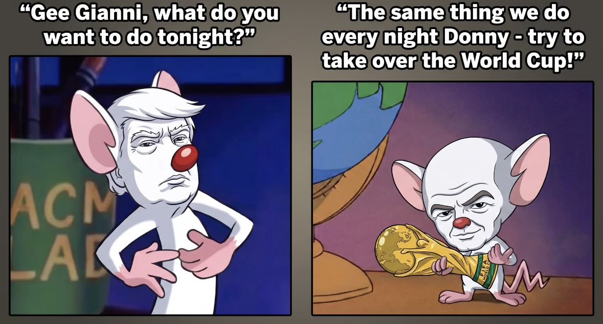 UFArchive's tweet photo. Pinky &amp; the Brain was supposed to be a cartoon… not FIFA’s latest business strategy. 🐭🌍💰

Selling stakes in the World Cup? That sounds less like football governance and more like a private equity pitch deck.

“Narf!” 🤦‍♂️⚽

#FIFA #WorldCup #SportsBusiness #Satire https://t.co/jxqW0OtjJw