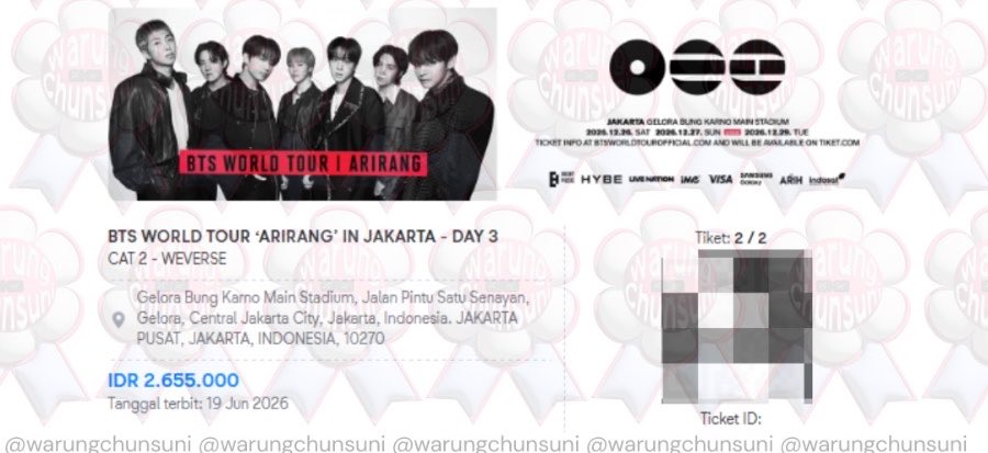 ddustybun's tweet photo. WTS // WANT TO SALE  BTS ARIRANG IN JAKARTA

DAY 3 (29 dec 2026)
section CAT 2 presale - 1 tix
co time 12:04

🏷️ IDR 3.700k

include: tuktik fisik, rent memship pribadi

✅ bisa dp 50%, sisanya cod venue
✅ ada grup berbarengan dengan cust lain 

#proofbywarchun https://t.co/VO23LMCzgr