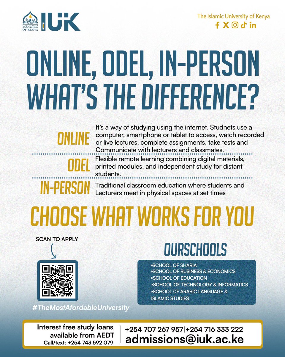 IUKOfficial's tweet photo. Whether you prefer Online learning, ODeL, or In-Person classes, the Islamic University of Kenya offers flexible study options designed to fit your lifestyle and career goals.

Apply today🥳 https://t.co/wDCh7Tnp7d