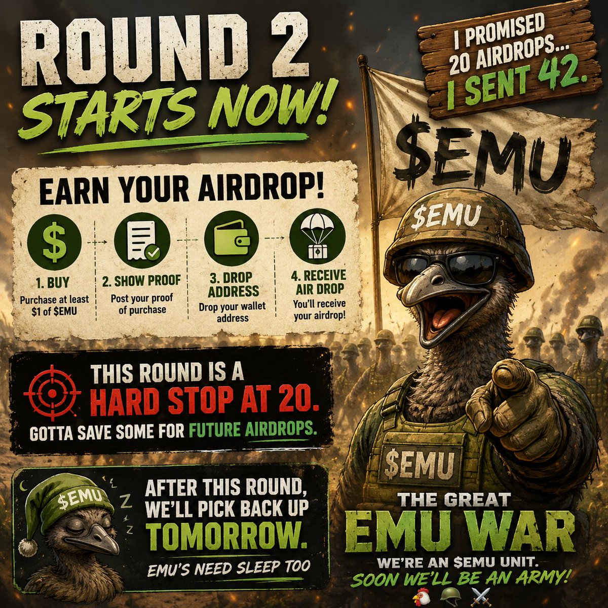 EmuWarOfficial's tweet photo. I promised 20 airdrops... I sent 42.

Round 2 starts NOW!

Buy at least $1 of $EMU, post proof, drop your sol address, receive airdrop.

This round is capped at the first 20, gotta save some for tomorrow's drops! 💸 

Gcxof3WXS6gTBkuSGKZsnkXZRqYiDXKc44rxrNFtpump https://t.co/yHP2jCmQmK
