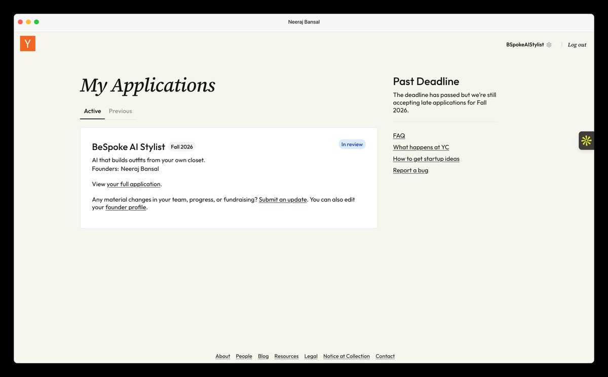 neeraj343's tweet photo. 90 days until we find out if we are going to San Francisco.

And it just got a lot more real, because today, @Bspokeaistylist is In Review at @ycombinator Fall 2026.

I have been building since 2024, back when it was just a problem I could not stop thinking about and no proof it would become anything. I pivoted. More than once.

And BeSpoke AI Stylist is what came out of all of that. Everything before has taught me something I needed to know before I could build something people actually want.

We are building this regardless of what the outcome is. But if the answer is yes, then our next few months will be us going on the rocketship that takes BeSpoke to the world.

90 days left on the clock. Good luck to everyone applying this batch.

@AyomitideOaj