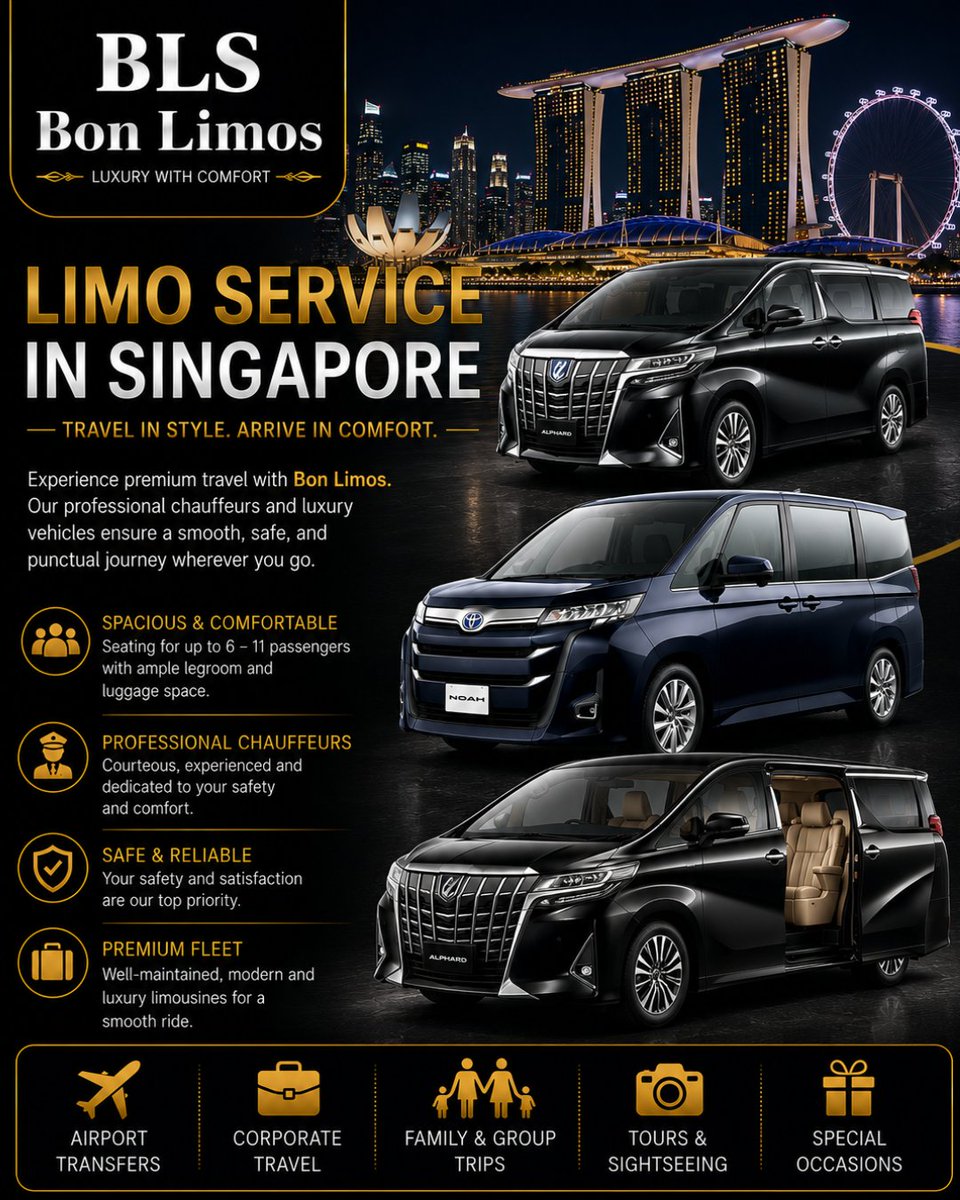 bon_limo's tweet photo. Experience luxury transportation with Bon Limos professional limo service in Singapore. Whether you're traveling for business, attending an event, or simply want a premium travel experience, our luxury fleet and experienced chauffeurs! https://t.co/zoU47u531p