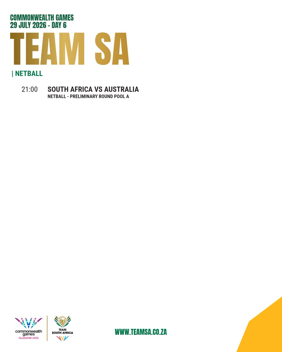 OfficialTeamRSA's tweet photo. Day 6 action kicks off early with Team SA competing across 6 sports! From the pool to the track, our athletes are ready to shine in Glasgow. 💪

#TeamSA #Glasgow2026 #CommonwealthGames #Day6 #ProudlySA https://t.co/JuEwMzg6qn