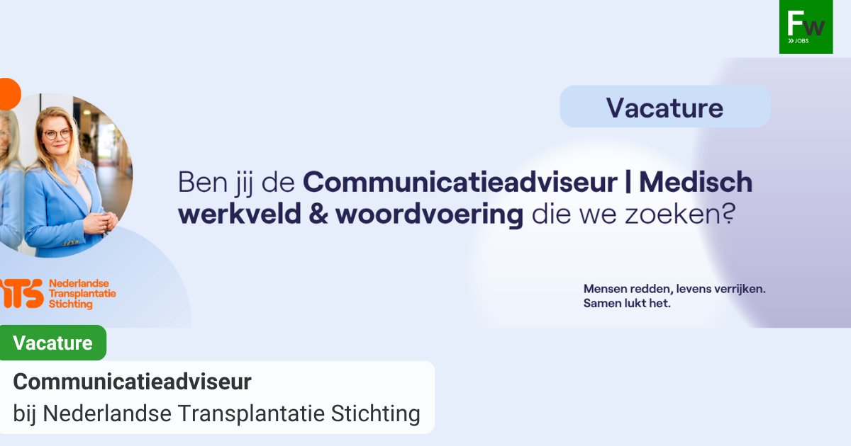 fwvacatures's tweet photo. Vacature: Communicatieadviseur (32 uur)

📍 Nederlandse Transplantatie Stichting – Leiden

Adviseer over communicatievraagstukken binnen de donatie- en transplantatiezorg en ondersteun de organisatie bij woordvoering.

💶 € 3.903 - € 5.503

Interesse? 👇
https://t.co/8eYifKkdPR https://t.co/AIBnDPich0