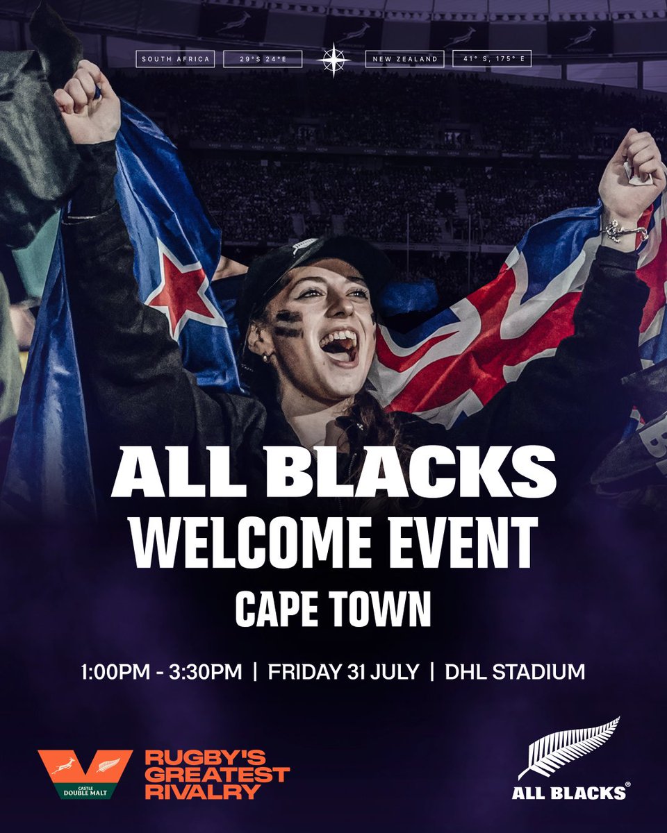 AllBlacks's tweet photo. 🗣️ 𝐂𝐀𝐏𝐄 𝐓𝐎𝐖𝐍 All Blacks supporters
 
Please join us this Friday, 1pm - 3:30pm, at DHL Stadium for a 𝗙𝗥𝗘𝗘 welcome event, ahead of our Rugby’s Greatest Rivalry tour.
 
Alongside plenty of music and family friendly fun, the All Blacks will be sharing their thoughts ahead of the series.
 
Bring your family, friends and teammates to be part of an event you'll never forget.
 
Limited availability, get your tickets via https://t.co/Padye3cwXp 🔗