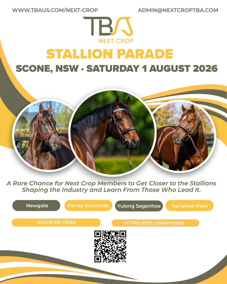 NextCropTBA's tweet photo. ⏰ THE STALLION PARADE IS ALMOST HERE 🐎

The @AusBreeders Next Crop Stallion Parade is coming up fast.

Sat 1 Aug | 9:30am–2pm | Scone, NSW
@DarleyAus @NewgateFarm @YulongInvest @yarramanpark 

Don't miss out — bus places are limited: https://t.co/MQWW2LijwR https://t.co/Z6zDnbQ6nr