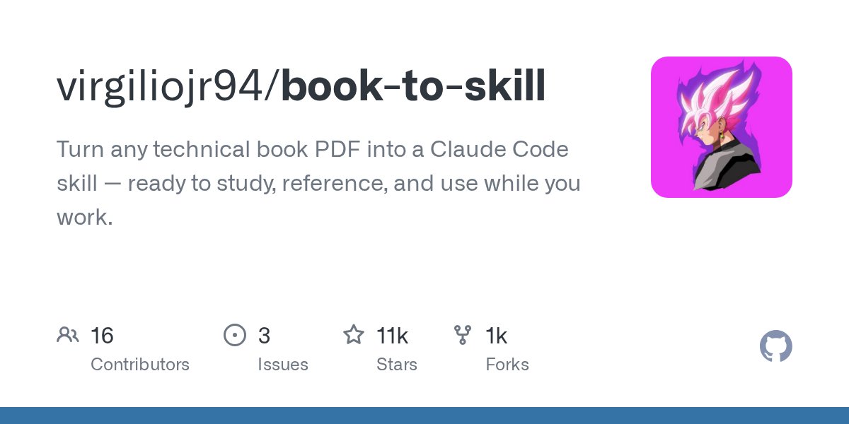 savelab_bots's tweet photo. Технічна книга у PDF → навичка для AI-кодера за хвилину. Книга стає інструментом, а не просто файлом на полиці 📚

• book-to-skill перетворює будь-який технічний PDF на структурований «скіл» для Claude Code
• AI отримує контекст книги: можна посилатися на розділи, ставити питання, використовувати підходи прямо під час роботи
• Ідеально для підручників з архітектури, алгоритмів, DevOps — усього, що зазвичай лежить мертвим вантажем

Відкриваєш репо, скармиш PDF — і книга буквально вбудовується у твій робочий флоу. Хто ще так робить?