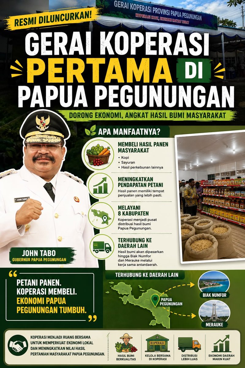 Rey7naldi's tweet photo. Gerai Koperasi pertama di Papua Pegunungan dorong ekonomi, angkat hasil Bumi masyarakat. Mari kita kawal dan dukung bersama 🙏🇲🇨
#kopdesmerahputih https://t.co/H03rcjIr93