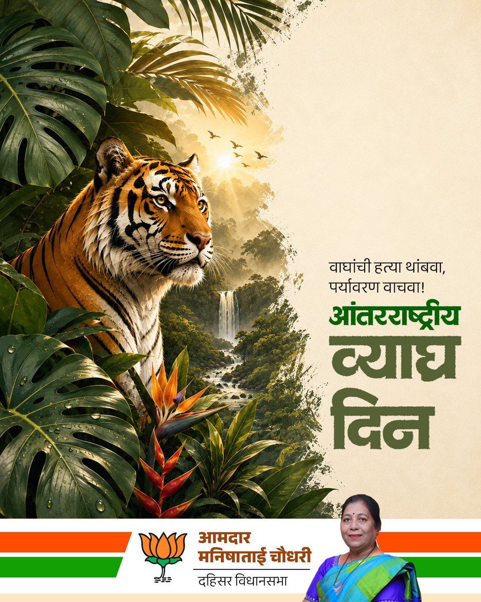 manishaBJP's tweet photo. ।। जंगल जगवा, वाघ वाचवा: आंतरराष्ट्रीय व्याघ्र दिनानिमित्त पर्यावरण संवर्धनाचा दृढ संकल्प करूया! ।।

जंगलाचा राजा वाचला, तरच आपले पर्यावरण आणि मानवी अस्तित्व सुरक्षित राहील...! 🐅

वाघ हा केवळ जंगलाचा राजा नसून संपूर्ण अन्नसाखळी आणि समृद्ध पर्यावरणाचा मुख्य आधारस्तंभ आहे. वाघांचे अस्तित्व टिकून राहणे म्हणजे जंगलांचे आणि पर्यायाने आपल्या पाण्याचे स्रोत सुरक्षित राहणे होय. आज आंतरराष्ट्रीय व्याघ्र दिनानिमित्त अवैध शिकार रोखणे, व्याघ्र अधिवास जपणे आणि वन्यजीवांचे रक्षण करण्याचा ठाम संकल्प करूया.

आंतरराष्ट्रीय व्याघ्र दिनाच्या हार्दिक शुभेच्छा! 🐅💚

#InternationalTigerDay #SaveTigers #SaveForests #GlobalTigerDay