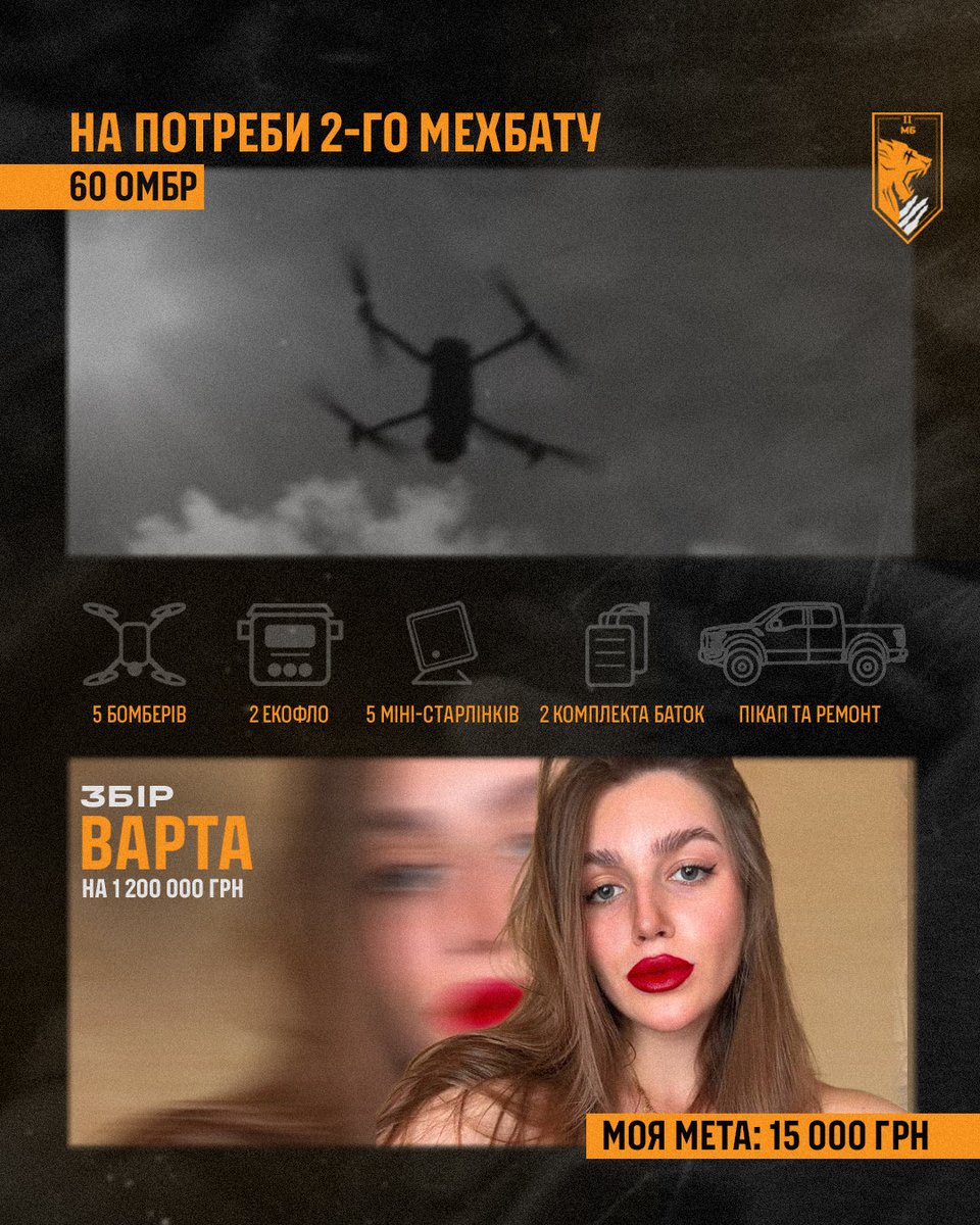 raspberry_qn's tweet photo. 🔥 Збір «ВАРТА» для @2mb_60ombr 

Загальна мета — 1 200 000 грн
Моя ціль:  15 000 грн
🫙 https://t.co/ffOwfretKU

Батальйон працює на лиманському напрямку і потребує надійне плече тилу!

Мусимо забезпечити підрозділ необхідним: авто, дронами, старлінками та іншим. https://t.co/xsLdCHdXnv