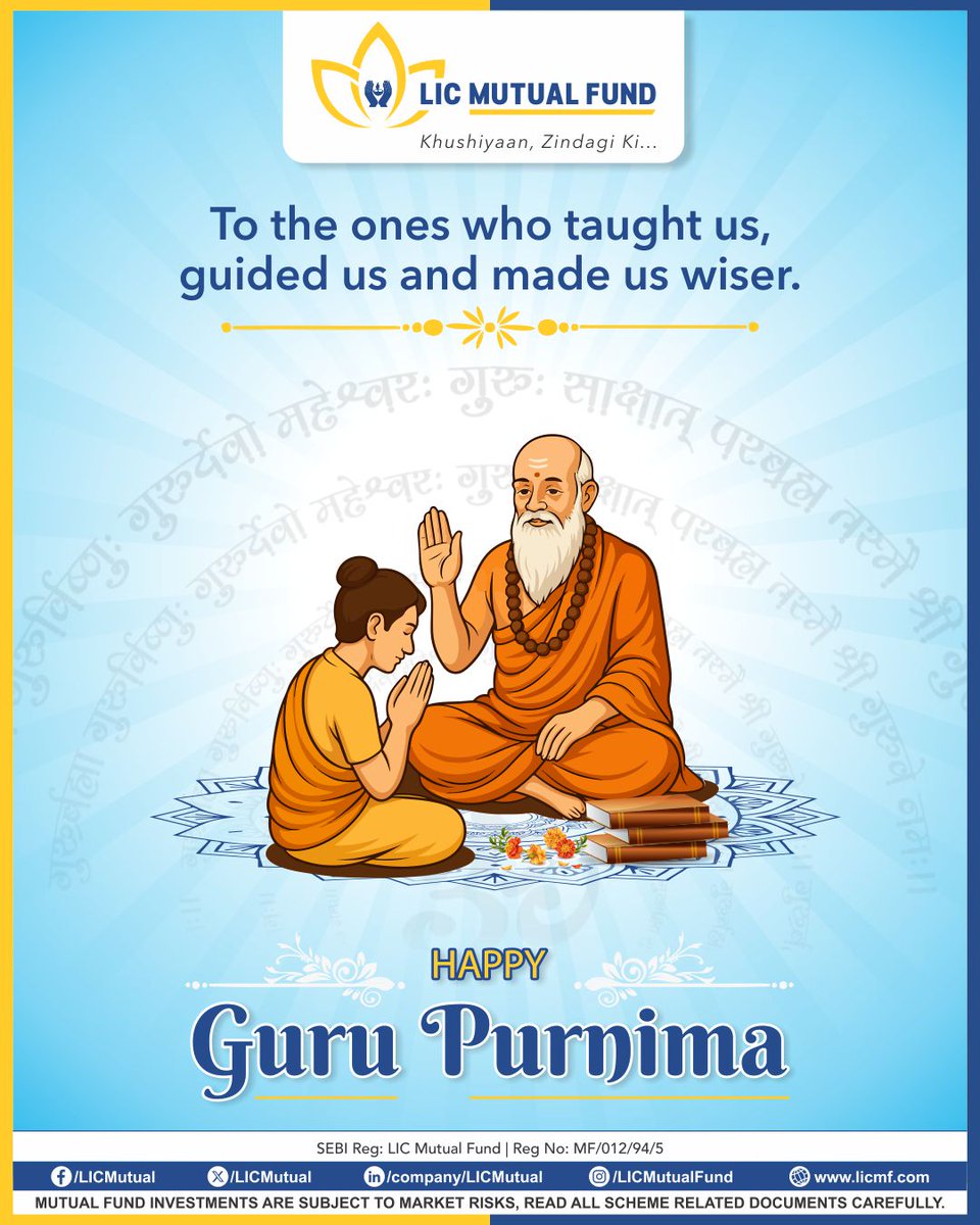 licmutual's tweet photo. Some lessons are taught in classrooms.
Some lessons are taught by life.
This Guru Purnima, we honour every Guru who gave us both.
Happy Guru Purnima ๐
#LICMF #GuruPurnima #Knowledge #Wisdom #GuruShishya https://t.co/bMpt5diPgI