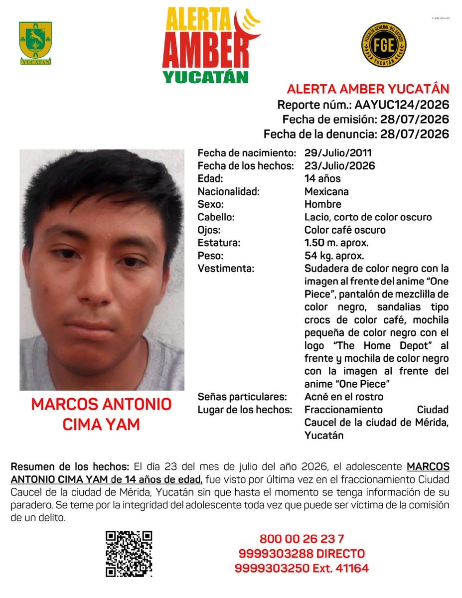 AAMBER_yucatan's tweet photo. #AAYUC Informa de la ACTIVACIÓN de una ALERTA AMBER Estatal solicitando de su amable apoyo para la búsqueda y localización del adolescente MARCOS ANTONIO CIMA YAM de 14 años de edad, en el Estado de Yucatán. @fgeyucatan https://t.co/Jkplbus2k8