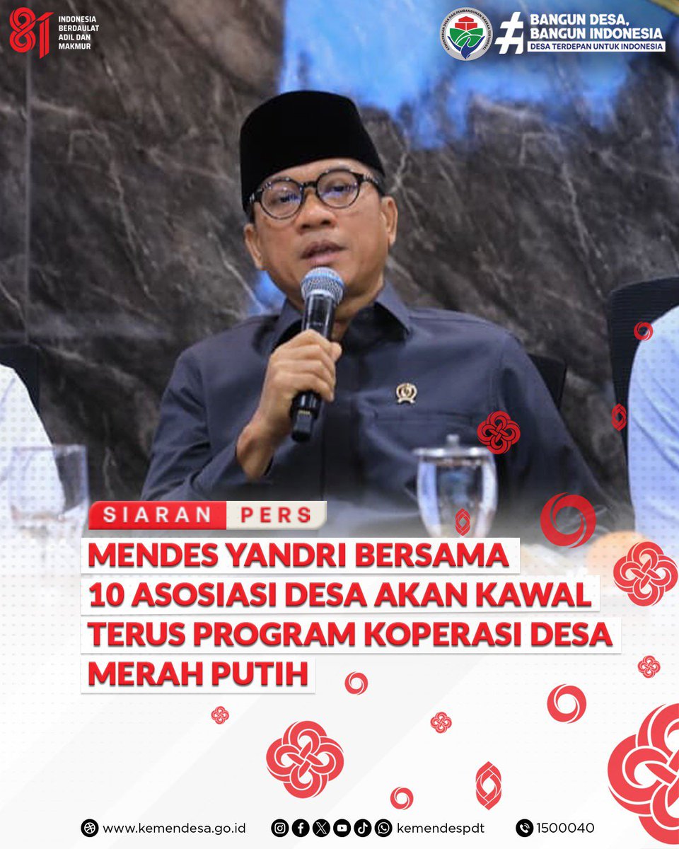 kemendespdt's tweet photo. Menteri Desa PDT Yandri Susanto terus mengawal pelaksanaan Program Koperasi Desa/Kelurahan Merah Putih (KDKMP) bersama 10 asosiasi desa sebagai bagian dari upaya memperkuat ekonomi desa. https://t.co/lrk3GJlq5K