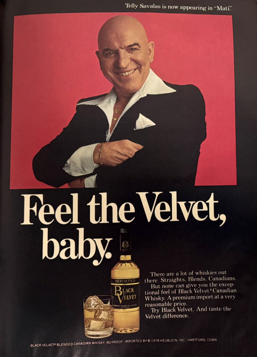 FrankMalfitano's tweet photo. OLD ADS: 1978 #BlackVelvetWhiskey ad #TellySavalas #1970s #oldads https://t.co/xQgC7KeKea