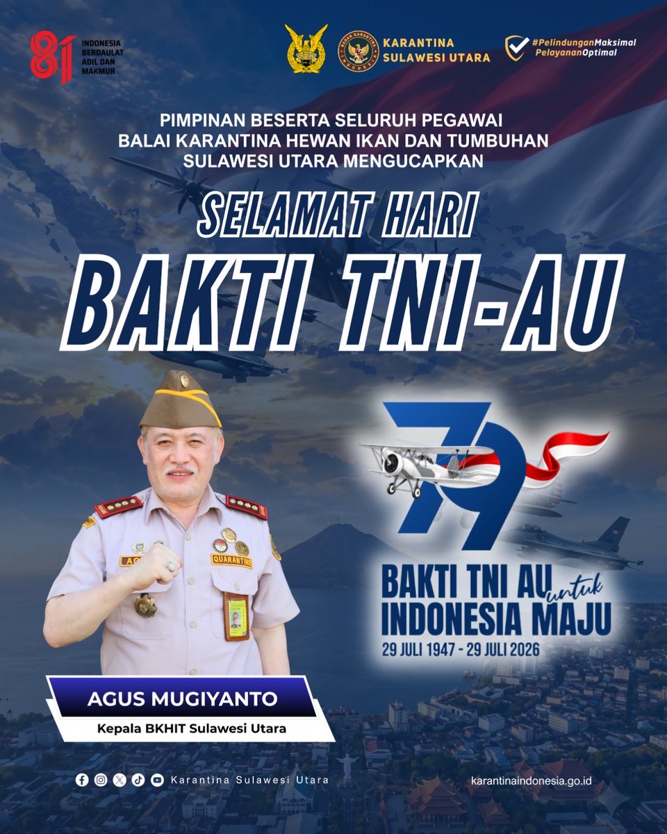 karantinasulut's tweet photo. Pimpinan beserta seluruh pegawai #KarantinaSulawesiUtara mengucapkan

Selamat Hari Bakti TNI-AU

79 Tahun Bakti TNI AU untuk Indonesia Maju

#haribaktiTNIAU

#KarantinaIndonesia @BarantinRI https://t.co/hN0rgCAkpU