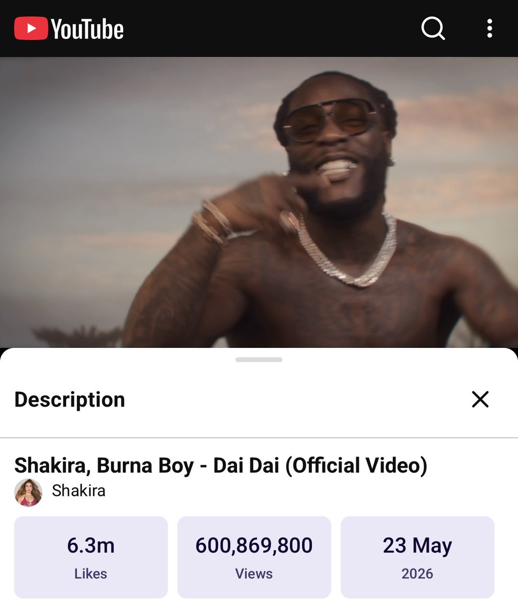 1BENNY7G's tweet photo. SHAKIRA AND BURNA BOY’S “DAI DAI” [OFFICIAL 2026 FIFA WORLD CUP SONG] HAS NOW SURPASSED 600 MILLION VIEWS ON YOUTUBE. ITS THE FIRST AND ONLY MUSIC VIDEO RELEASED IN 2026 TO REACH THE MARK! 🎬🏆 https://t.co/WcSdTHudJp