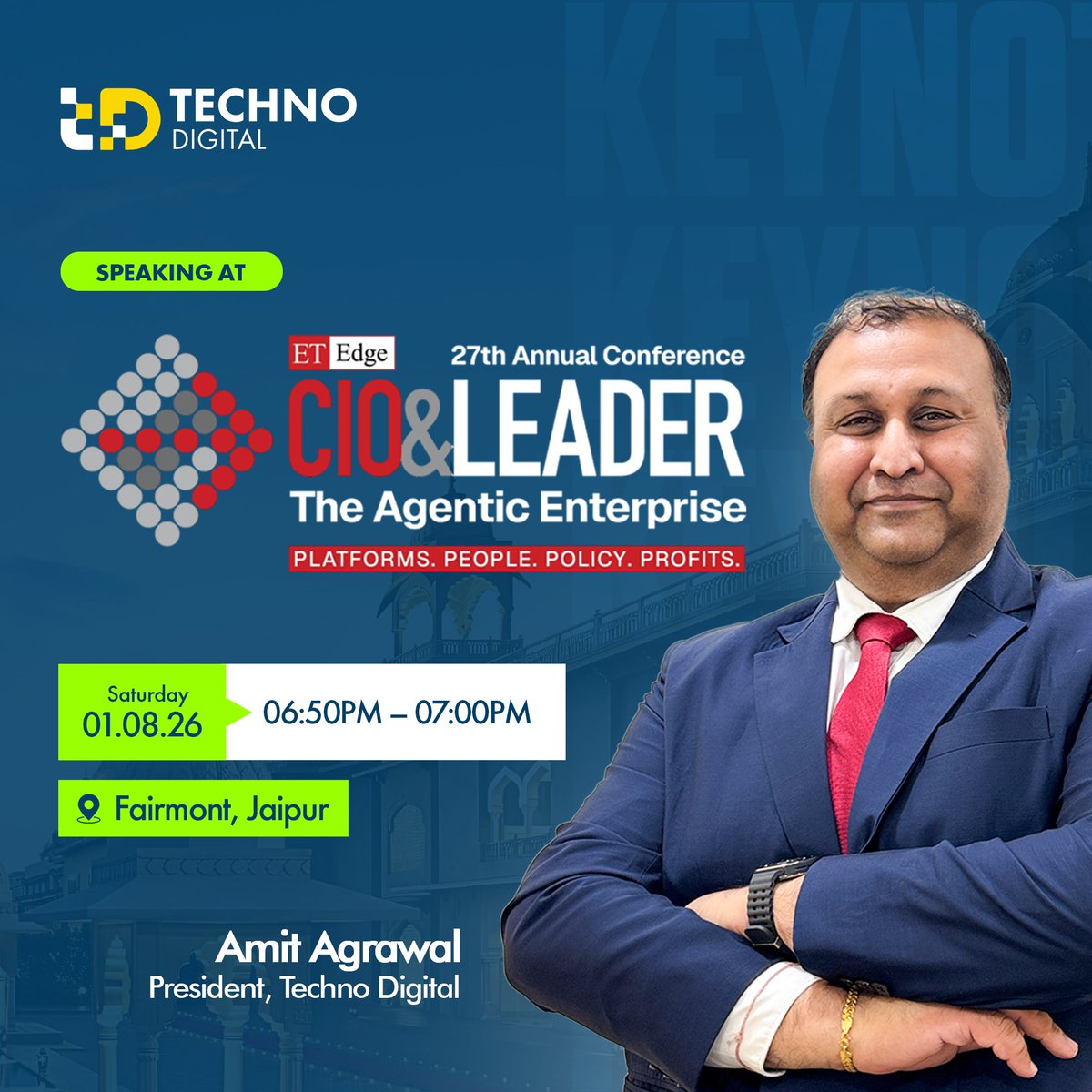technodigiinfra's tweet photo. The future of enterprise AI won’t be defined by algorithms alone. It will be defined by the infrastructure that powers them.

Amit Agrawal, President, Techno Digital, will be speaking at the ET Edge CIO&Leader Conference, joining industry leaders to discuss what it takes to build the next generation of enterprise AI.

Meet Techno Digital team at Booth 2 & 3 to continue the conversation and exchange perspectives on building the next generation of enterprise AI.

#TechnoDigital #CIOLeader #AgenticEnterprise #EnterpriseAI #PrivateAI #SovereignCloud #CloudTransformation #DigitalInfrastructure