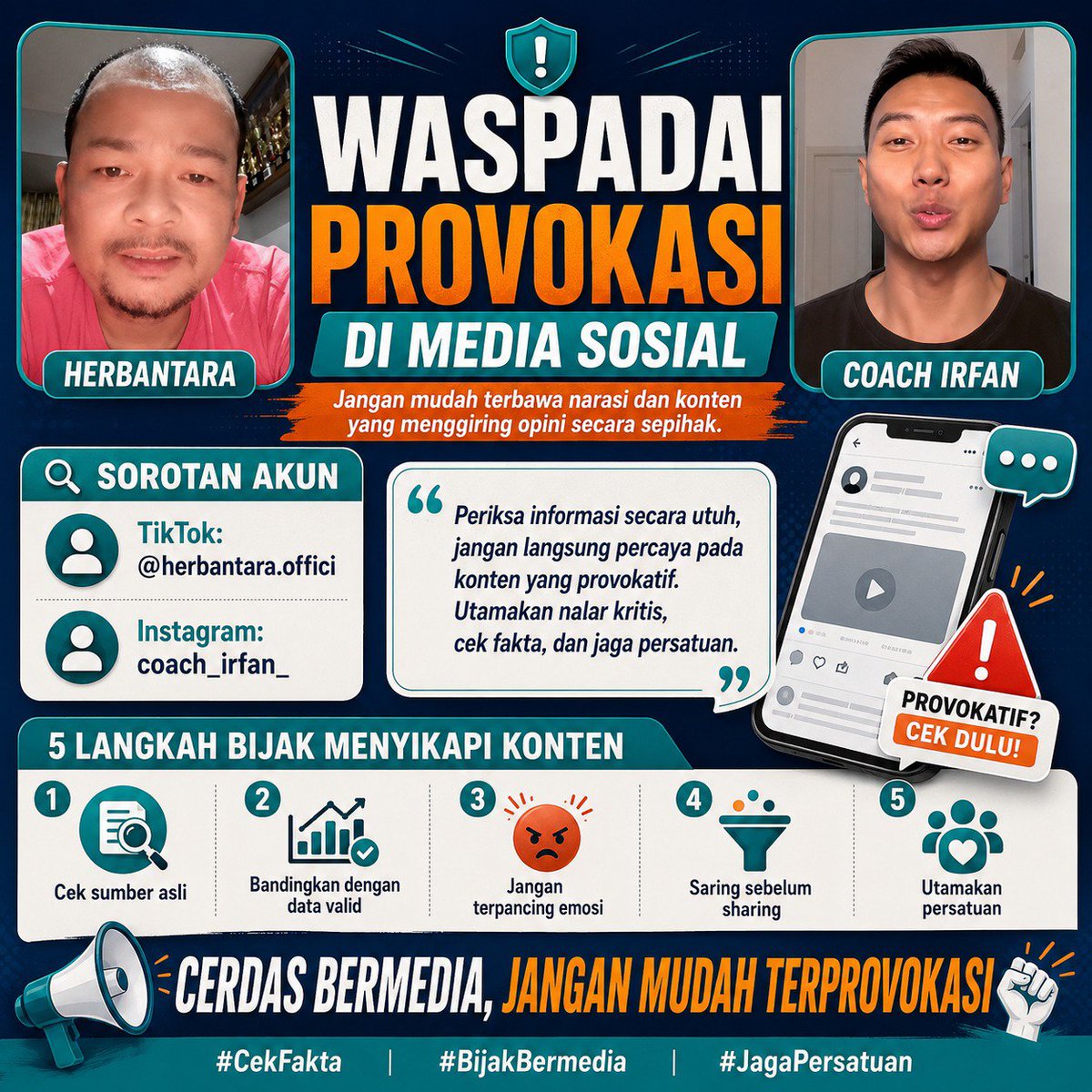 mikeduat_'s tweet photo. Pengingat yang sangat relevan. Mari menjadi pengguna media sosial yang bijak dengan mengutamakan verifikasi fakta dibanding emosi demi menjaga kondusivitas di ruang digital.
​#CerdasBermedia #KontenProvokatifMenyesatkan https://t.co/xeFOB8JdPL