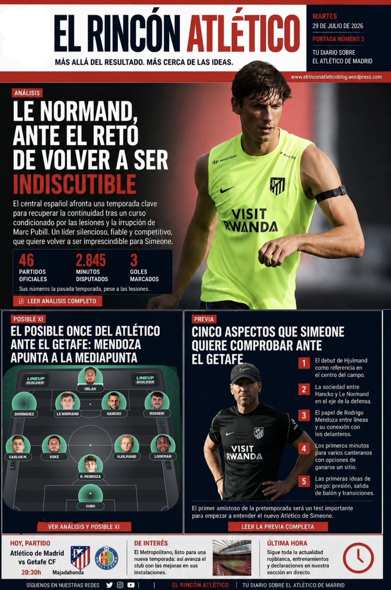 RinconAtletico's tweet photo. 🗞️ Ya está aquí la Portada #3 de El Rincón Atlético.

🔴 Le Normand, ante el reto de volver a ser indiscutible. 
📋 El posible XI de Simeone para medirse al Getafe. 
🎯 Las cinco claves que marcarán el primer amistoso del verano.

https://t.co/i2eJ67cmn6 https://t.co/2teWtxWUUt