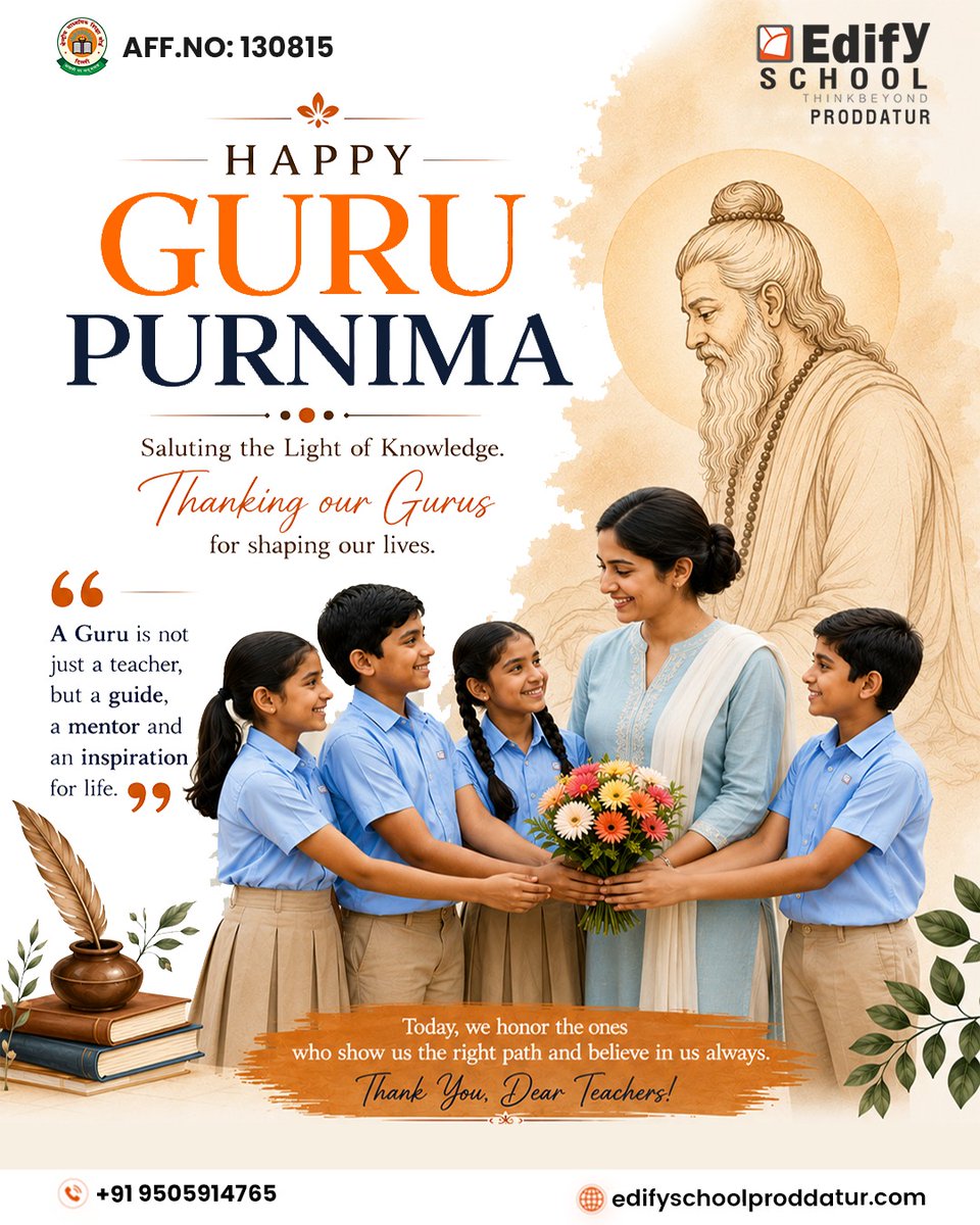EdifyProddatur's tweet photo. "A Guru is not just a teacher, but a guide, a mentor and an inspiration for life."
Today, we honor the ones who show us the right path and believe in us always. Thank you, dear teachers! 🙏🌸

#HappyGuruPurnima #GuruPurnima2026 #ThankYouTeachers #EdifySchoolProddatur #ThinkBeyond https://t.co/gopERucHHg