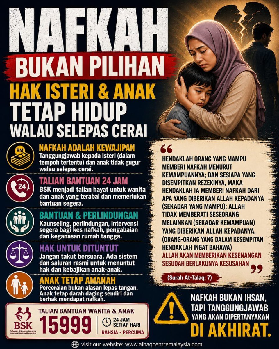 alhaqcentre's tweet photo. NAFKAH BUKAN PILIHAN
HAK ISTERI & ANAK TETAP HIDUP WALAU SELEPAS CERAI
#nafkah
#BahagianSokonganKeluarga
#BSK
#alamperkahwinan
Read more:
https://t.co/jtq6w5un47 https://t.co/7QIH1HfjZf