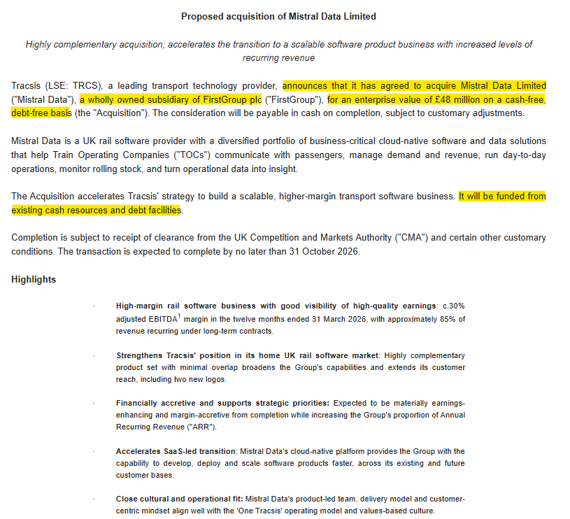 1James1n1's tweet photo. #TRCS - Acquisition

Chunky acquisition worth £48m for this £99m Mkt Cap org.

➡️Buying Mistral Data from #FGP for £48m. To "be funded from existing cash resources and debt facilities", with bank facilities extended.
➡️Mistral recorded Rev of c£13m &amp; BS Earnings of c£4m in FY26. https://t.co/mdEDNDVtLa