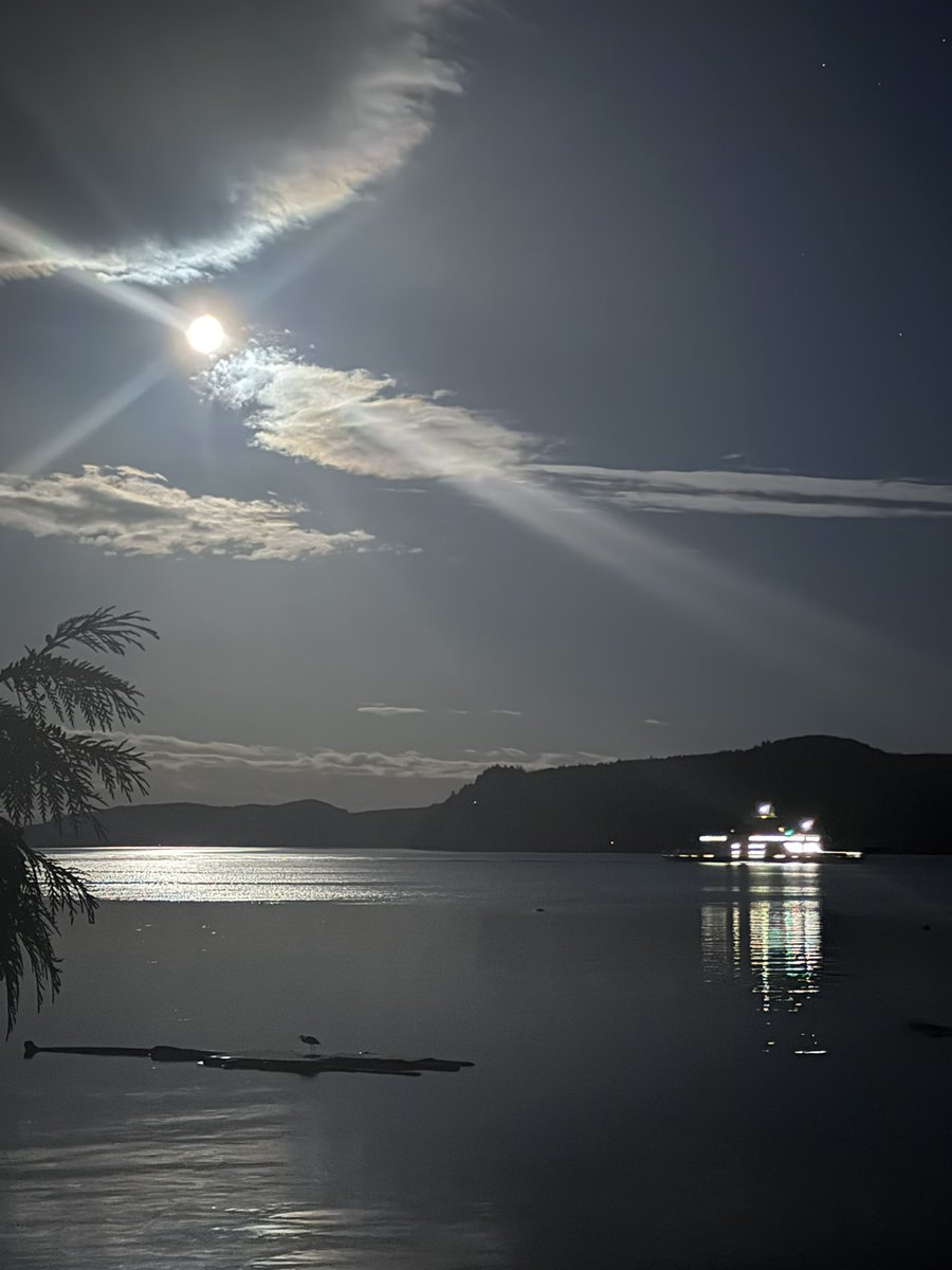 pattibacchus's tweet photo. The @BCFerries Cumberland (aka The Cumby), making its way past Pender Island, under the Buck Moon. https://t.co/IiGoz9EqbG