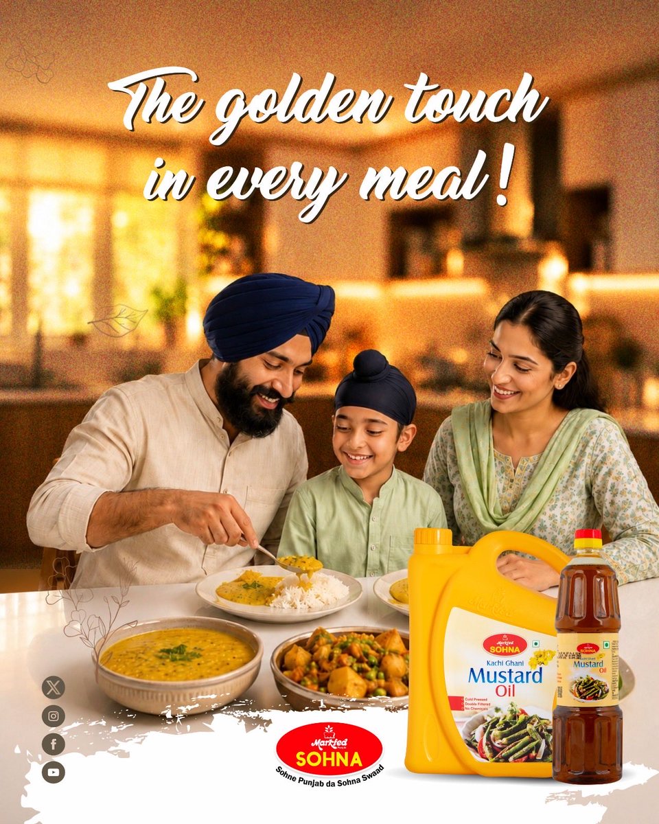 SOHNA_Markfed's tweet photo. 🌼 The golden touch in every meal!
Sohna Kachi Ghani Mustard Oil—pure, aromatic, and full of authentic flavour in every drop.
❤️ Sohne Punjab da Sohna Swaad
#SohnaMustardOil #KachiGhani #Markfed #PureAndNatural #Sohna https://t.co/ae7yRvYGLA