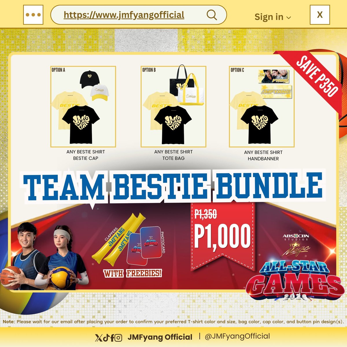 JMFyangOfficial's tweet photo. JMFYANG x STAR MAGIC ALL-STAR MERCH IS HERE! 🏀🏐

The Star Magic All-Star Games 2026 is coming, and what better way to show your love for JMFyang than by getting your hands on our exclusive merch?

Choose your bundle:

🏆 MVP Bundle
💛 Team Bestie Bundle
🌟 Rookie Bundle

Whether you’re cheering from the sidelines or simply want to take a piece of the JMFyang All-Star Games era home with you, you definitely wouldn’t want to miss these!

Get yours now at  https://t.co/soOasE2wOn.

For more inquiries, send us a DM!

#JMFyang #AllStarMagicGame2026