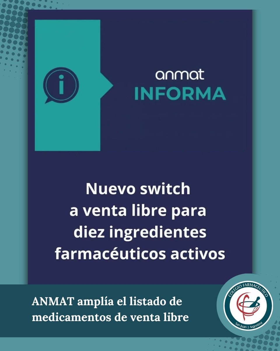 COLFASanJuan's tweet photo. 📢 ANMAT modificó la condición de expendio de especialidades medicinales con diez ingredientes farmacéuticos activos, que pasarán a ser de venta libre en las presentaciones autorizadas.

Desde @COLFASanJuan compartimos esta información de interés para la profesión. https://t.co/1ZMdC5cunE