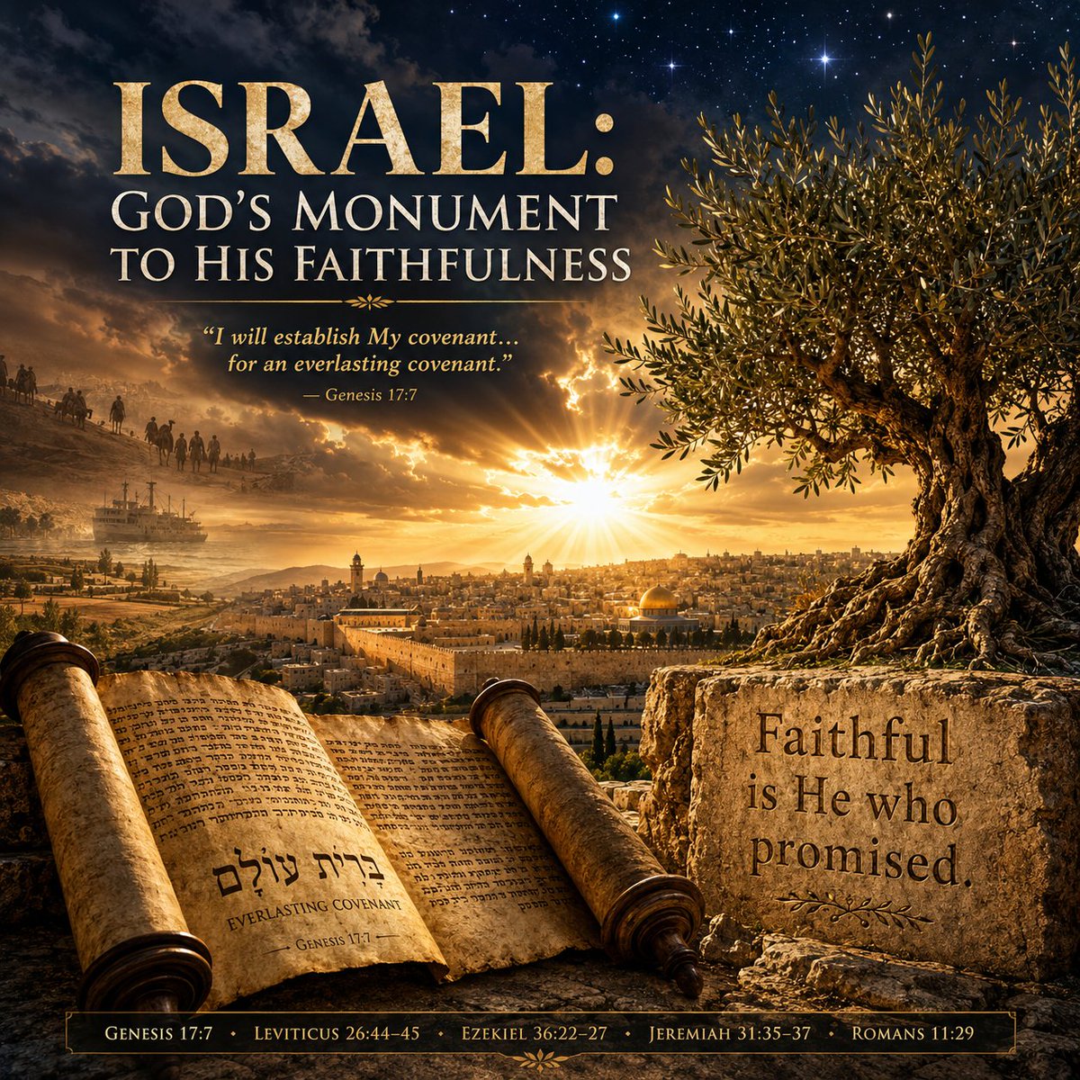Mark_Wilson_25's tweet photo. What If Israel Is God's Greatest Proof That He Keeps His Promises?

"I will establish My covenant between Me and you and your offspring after you throughout their generations for an everlasting covenant..." (Genesis 17:7)

If you want to know whether God keeps His Word, don't begin with a theological system. Begin with the God of Abraham.

The story of Israel has never been primarily about Israel. It has always been about the God who makes everlasting covenants.

For centuries, many concluded that Israel's story had ended. Jerusalem was in ruins, the Temple was gone, and the Jewish people were scattered among the nations. To many, God's promises to Abraham appeared impossible, and some concluded they had been transferred elsewhere.

But God...

History did not correct the prophets.

History vindicated them.

God never promised that Israel would always obey. Moses and the prophets repeatedly foretold Israel's rebellion, discipline, exile, and eventual restoration. Israel failed the covenant again and again.

God never failed His covenant.

That is the difference between a covenant grounded in man's performance and one grounded in God's character.

❖ Israel Was Never Forgotten

Many assumed the Jewish people would eventually disappear like every other ancient nation.

But God...

"Yet for all that... I will not reject them... nor destroy them completely, breaking My covenant with them." (Leviticus 26:44-45)

The Egyptians remain, but their empire is gone. Assyria, Babylon, Philistia, and Rome all passed into history. Yet the Jewish people remain, preserving their identity through nearly two thousand years of dispersion because God's covenant endured.

As Arnold Fruchtenbaum has often emphasized, the Abrahamic Covenant is unconditional, everlasting, and guaranteed by God Himself, not by Israel's perfect obedience.

❖ The Prophets Predicted the Order

Many object that today's Israel cannot be the Israel of prophecy because much of the nation remains in unbelief.

But God...

Read Ezekiel carefully.

"I will take you from among the nations and bring you into your own land. Then I will sprinkle clean water on you... I will give you a new heart... I will put My Spirit within you." (Ezekiel 36:24-27)

The order is unmistakable.

First, the regathering.

Then, the cleansing.

Then, the new heart.

Then, the Spirit.

God's restoration begins with His faithfulness, not Israel's merit.

❖ The Evidence Is Written Across History

Against every historical expectation, millions of Jewish people have returned from more than one hundred nations. Hebrew, once largely confined to prayer and scholarship, lives again as the everyday language of Israel. Jerusalem has once again become the focal point of world attention, just as the prophets anticipated.

These are not the foundation of our faith. Scripture is.

But they are remarkable confirmations that the God who spoke through the prophets still governs history.

Then Ezekiel reveals the reason behind it all:

"It is not for your sake... that I am about to act, but for My holy name." (Ezekiel 36:22)

This has never ultimately been about Israel's worthiness.

It has always been about God's glory.

❖ The Covenant Still Stands

Paul asks the question many still ask today:

"Has God rejected His people? By no means!" (Romans 11:1)

He answers with confidence because God's promises have not changed:

"The gifts and the calling of God are irrevocable." (Romans 11:29)

The Church is the Body of Messiah, composed of believing Jews and Gentiles united in Him. Israel remains the nation to whom God made everlasting covenant promises. God has one plan of redemption through one Messiah, yet He does not confuse Israel with the Church or revoke what He swore to Abraham, Isaac, and Jacob.

The survival of Israel has never depended upon the perfection of Israel.

It has always depended upon the perfection of God.

That is why Israel still exists.

Israel is not God's trophy of human faithfulness.

Israel is God's monument to divine faithfulness.

The Lord Himself leaves us with one final witness:

"Thus says the LORD, who gives the sun for light by day and the fixed order of the moon and the stars for light by night... If this fixed order departs from before Me... then shall the offspring of Israel cease from being a nation before Me forever." (Jeremiah 31:35-37)

As long as the sun rises...

As long as the moon shines...

As long as the stars fill the heavens...

God's covenant stands.

Every Jewish family returning to the land, every conversation spoken in revived Hebrew, every fulfilled promise, and every sunrise over Jerusalem proclaims the same unchanging truth:

God keeps His Word.

The Church is the Church.

Israel is still Israel.

Because God is still God.