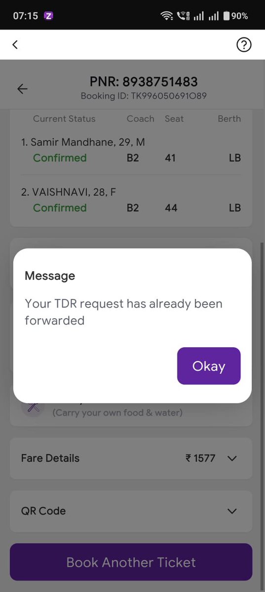 SamirMandhane1's tweet photo. @RailMinIndia @RailwaySeva @IRCTCofficial @ConfirmTKT Kindly clear this issue. Train was late by more than 3 hours and TDR was filed. No refund till now. https://t.co/ve0wALyjG3