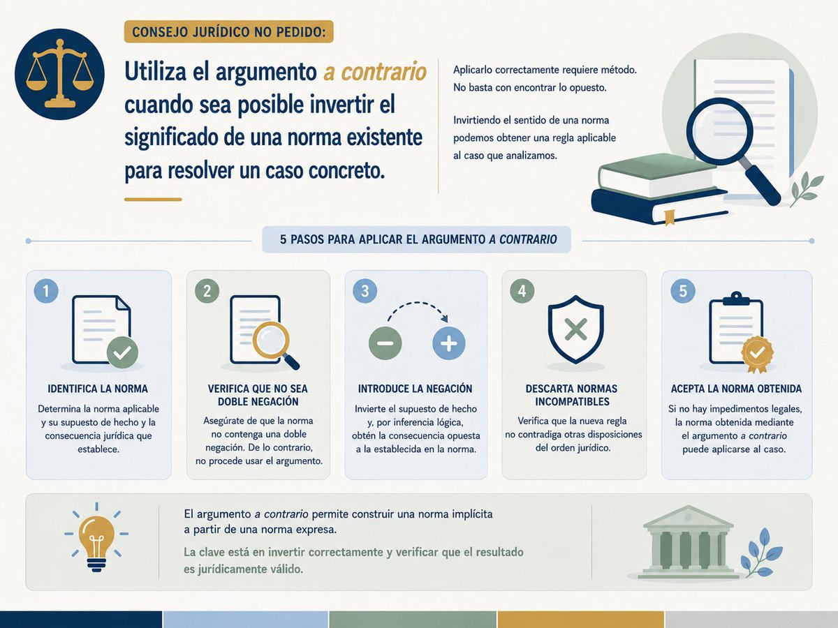 RaquelCharq's tweet photo. Consejo Jurídico no pedido:
Utiliza el argumento "a contrario" cuando sea posible invertir el significado de una norma existente para resolver un caso concreto.

Pero la aplicación correcta de este argumento requiere método. No es solo identificar una situación opuesta a la regulada y asumir que la consecuencia jurídica también debe ser opuesta.

- Primero determina la existencia de una norma aplicable. Es mejor expresarla de la forma más clara posible para identificar con precisión su supuesto y su consecuencia.

- Verifica que la norma no sea una doble negación. Cuando una norma contiene una doble negación, convertirla en afirmación no supone aplicar un argumento a contrario, sino realizar una interpretación literal de su contenido.

- Introduce las negaciones necesarias para invertir el sentido de la norma. El argumento funciona precisamente mediante esa inversión lógica.

- Descarta la existencia de una norma que impida el resultado obtenido. Antes de aceptar la nueva norma, hay que verificar que su aplicación no resulte incompatible con el resto del orden jurídico.

- Solo entonces puede considerarse válida la norma obtenida mediante el argumento a contrario.

Una parte importante del trabajo consiste en identificar correctamente la estructura lógica de la norma. Muchas aplicaciones erróneas del argumento a contrario no provienen de una mala analogía ni de una mala interpretación, sino de haber partido de una formulación incorrecta de la norma que se pretendía invertir.