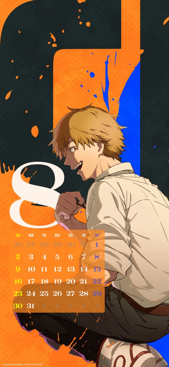 CHAINSAWDC_GL's tweet photo. ◤📅 Original Calendar Wallpaper Giveaway 📅◢

We’re giving away an August calendar wallpaper
that you can use on your smartphone‼️

A wallpaper version is also available in the replies 🎁
Please save the image and feel free to use it✨

#chainsawman
#chainsawman_game https://t.co/TSpgRWl2ve
