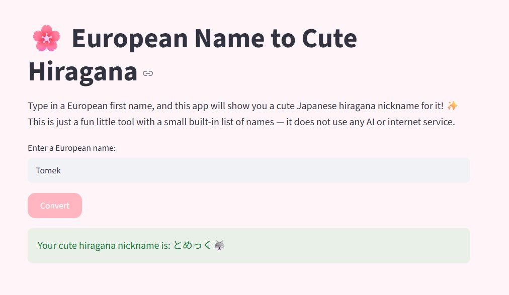EiraHayase's tweet photo. I just published a prototype of an app that turns European names into cute Japanese hiragana nicknames! 🌸🐺

Right now it only has about five names in its dictionary, 

so it'll probably say "not found" for most names 😆

But here's what it looks like! 👇
https://t.co/6efAmNqU13 https://t.co/QmpYrSvIem