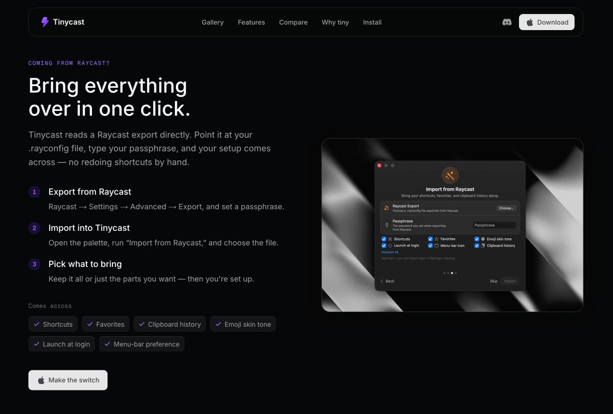indie_maker_fox's tweet photo. 你的 Raycast 可以卸载了，试试 Tinycast！

我用 Raycast 很久了，下个月会员到期，刚好发现一个新的开源项目 Tinycast，Swift 原生开发，体积不到 3MB，太小巧了。

我最常用的是剪贴板和 emoji。Tinycast 的剪贴板支持不限数量、不限时长保存；emoji 选择也够快，想用就用。 https://t.co/6psekQ4oNV