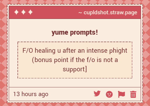 LUVCUPlD's tweet photo. 🏹 — scenario

"f/o healing you after an intense phight (bonus point if the f/o is not a support)"

they might not be naturally gifted with healing abilities but when it comes to you they're willing to learn! they get so worried about you sometimes, they just want to make sure + https://t.co/scgUnxz6bS