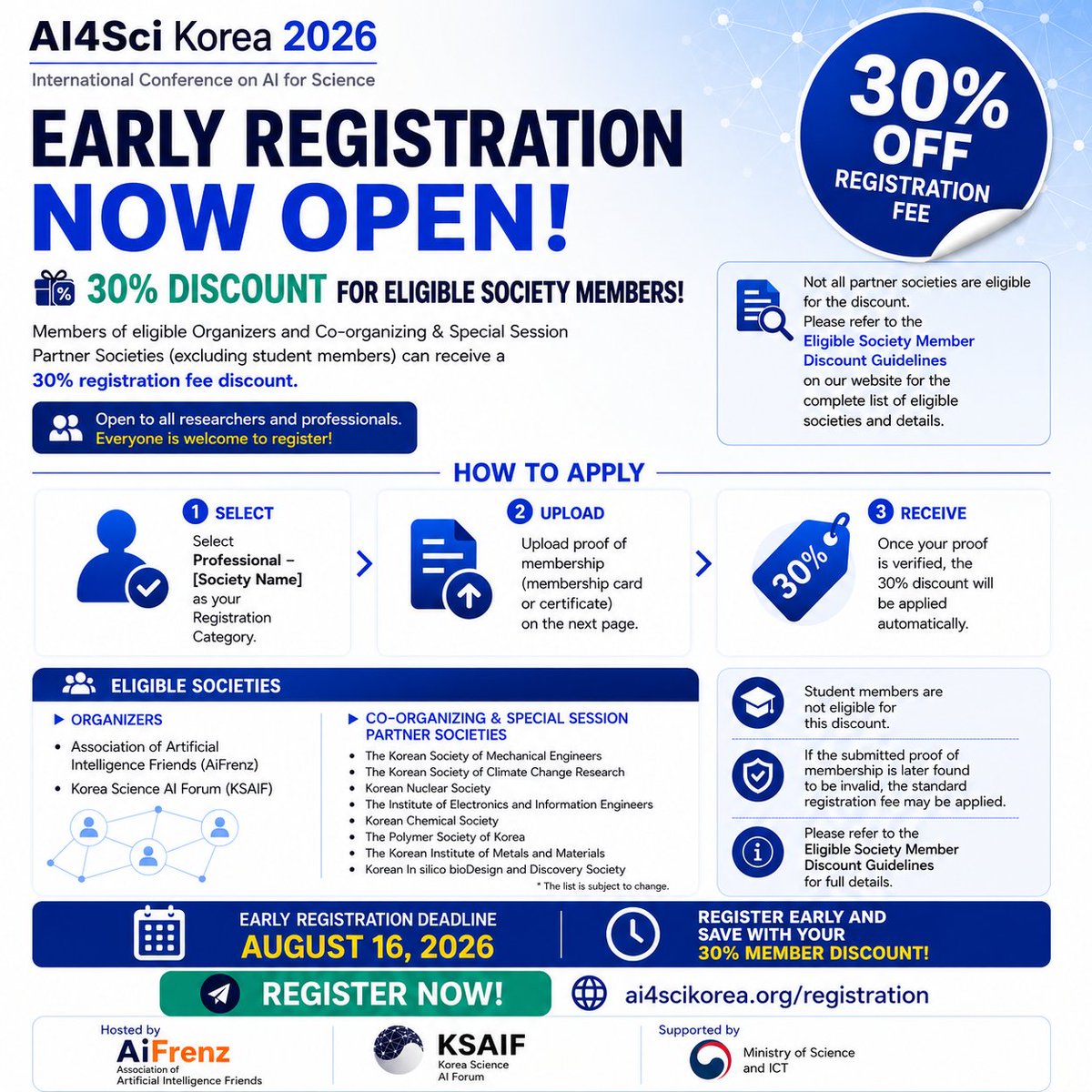 aifrenzx's tweet photo. 🚀 Early Registration for AI4Sci Korea 2026 is now open!

Join researchers worldwide to explore the future of AI-driven scientific discovery.

📅 Early Registration Deadline: August 16, 2026

Register now:
 https://t.co/X0iDE7dZCg
#AI4SciKorea2026 #AI4Science https://t.co/HbYDzHoJGK