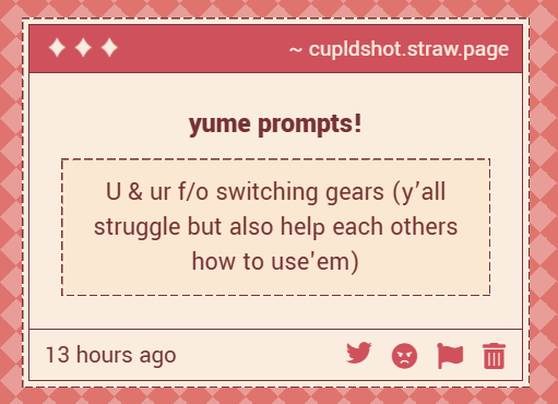 LUVCUPlD's tweet photo. 🏹 — scenario

"you and your f/o switching gears (y'all struggle but also help each other how to use them)"

i'm actually suuuper curious how this would work in canon hehe... but either way, they'd love bonding with you over learning how to use your gear, and you learning + https://t.co/BRh834YKMi