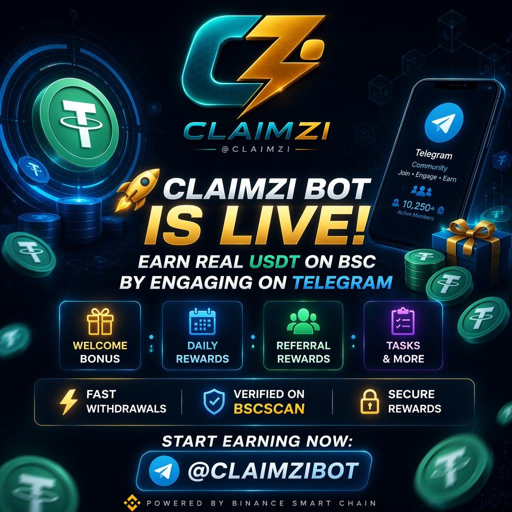 ClaimziBot's tweet photo. 🚀 Earn Free USDT with Claimzi!

Start here: 
🤖 https://t.co/hyAlhUWqYz

✅ Complete simple tasks 
🎁 Daily &amp; welcome bonuses
 👥 Invite Friends 
☕️ withdraw instantly 
💰 Min withdrawal: 0.005 USDT

Start earning today! 🔥

#Claimzi #USDT #Airdrop #Crypto #BSC #Web3 #EarnUSDT https://t.co/wpHryo6fqR