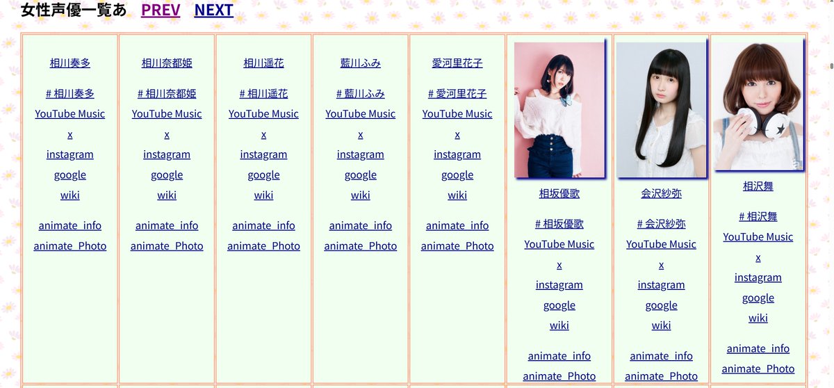 na904020's tweet photo. アニメイト女性声優の名前一覧（1400人ほど）借りてきて、以前自分用に作ったブックマークに追加した、COBOL SJISで作成しているので、実行batはSJISで作成しなきゃだし、以前声優画像データのdirをプログラム実行時毎回取得し、中の名前はUTF８だし、画像存在する人だけサムネイル表示にした #cobol https://t.co/GgnAwZimA7