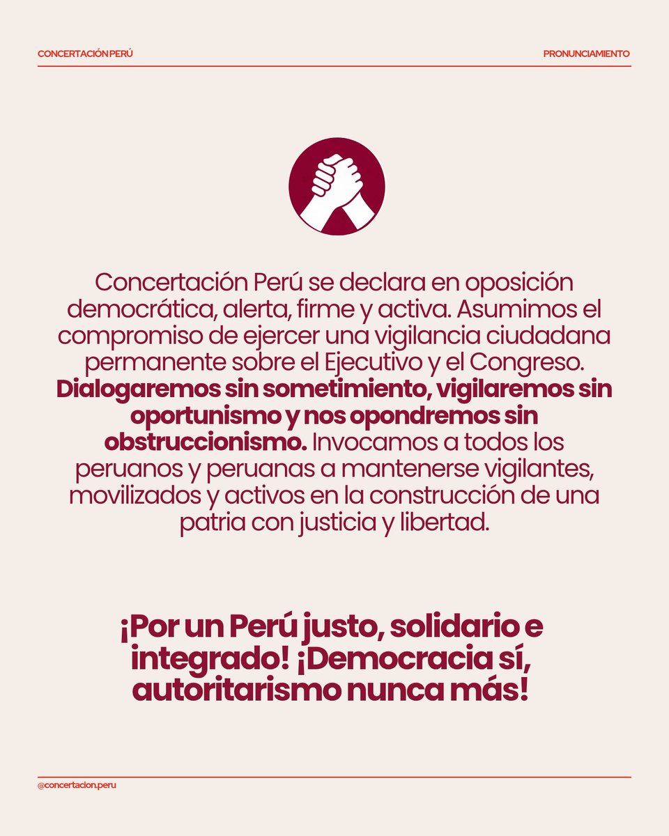 ConcertacionPer's tweet photo. SEÑORA FUJIMORI: NO GOBIERNE DESDE LA ARROGANCIA NI DESDE LA IMPUNIDAD
Concertación Perú, colectivo ciudadano que defiende la democracia y busca el bienestar de los peruanos y peruanas, se dirige al país ante el primer Mensaje a la Nación de la Señora #KeikoFujimori https://t.co/ZouRfK14SO