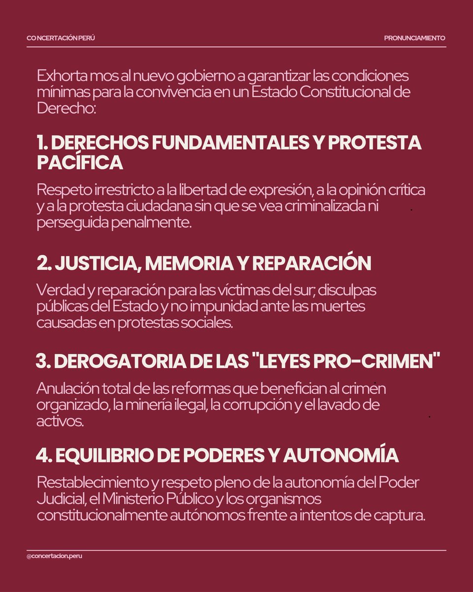 ConcertacionPer's tweet photo. SEÑORA FUJIMORI: NO GOBIERNE DESDE LA ARROGANCIA NI DESDE LA IMPUNIDAD
Concertación Perú, colectivo ciudadano que defiende la democracia y busca el bienestar de los peruanos y peruanas, se dirige al país ante el primer Mensaje a la Nación de la Señora #KeikoFujimori https://t.co/ZouRfK14SO
