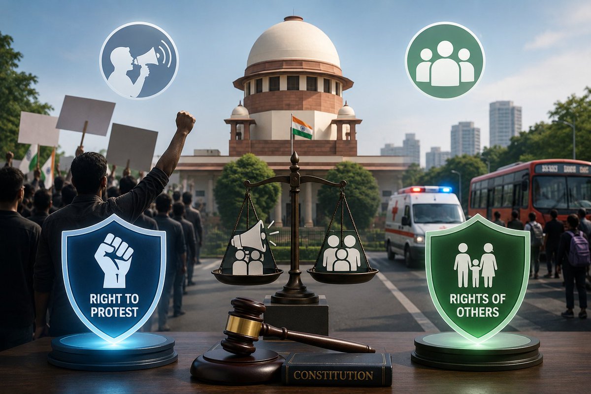 claritydeskhub's tweet photo. ⚖️🇮🇳 Can the right to protest override the rights of others?

In a significant ruling, the Supreme Court issued fresh guidelines emphasizing that while peaceful protest is a constitutional right, it cannot result in prolonged obstruction of public spaces or inconvenience to citizens.

A thread 🧵👇