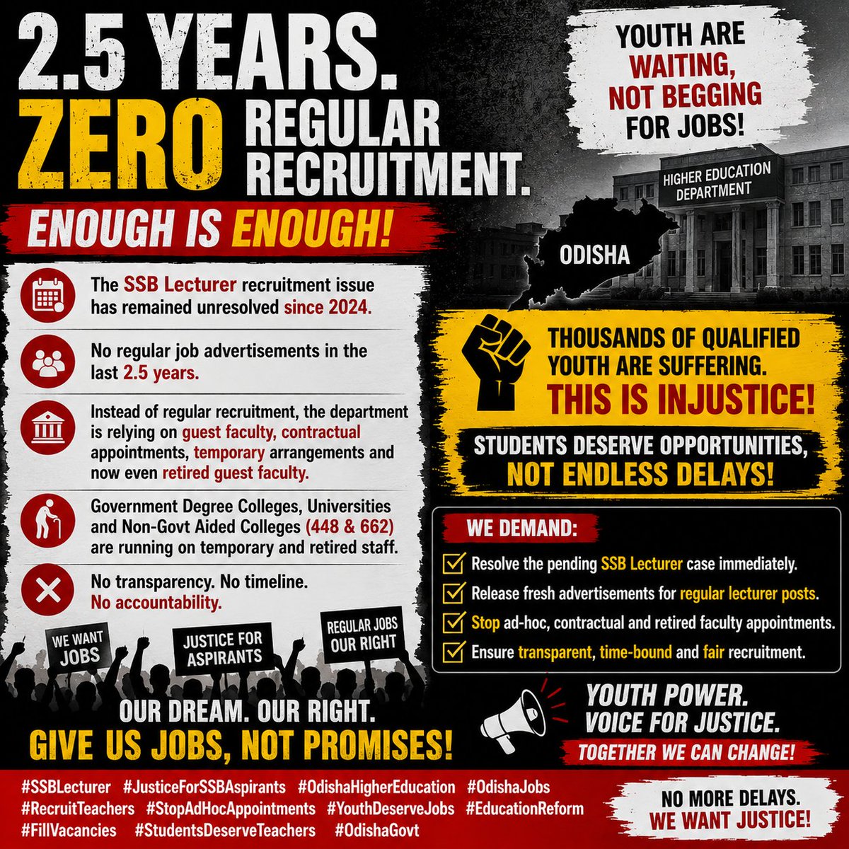 OdishaVoice9's tweet photo. 2.5 YEARS. ZERO REGULAR RECRUITMENT.

The Odisha Higher Education Department has failed to provide timely regular recruitment for thousands of qualified youth.

The SSB Lecturer recruitment issue has remained unresolved since 2024. Instead of filling regular vacancies, the department has continued to depend on temporary, contractual, guest, and retired faculty in government colleges, universities, and aided colleges.

Young qualified candidates deserve opportunities—not endless delays.

Resolve the pending recruitment issue. Release fresh advertisements. Ensure transparent, time-bound recruitment.

@PMOIndia
@narendramodi
@CMO_Odisha
@MohanMOdisha
@suryabanshibjp
@DHE_Odisha
@PrithivirajBJP
@Naveen_Odisha
@bjd_odisha
@the_osla
@JoshiPralhad

#SSBLecturer #JusticeForSSBAspirants #OdishaHigherEducation #OdishaJobs #RecruitTeachers #FillVacancies #YouthDeserveJobs #StopAdHocAppointments #EducationReform #HigherEducation #StudentsDeserveTeachers #OdishaGovt