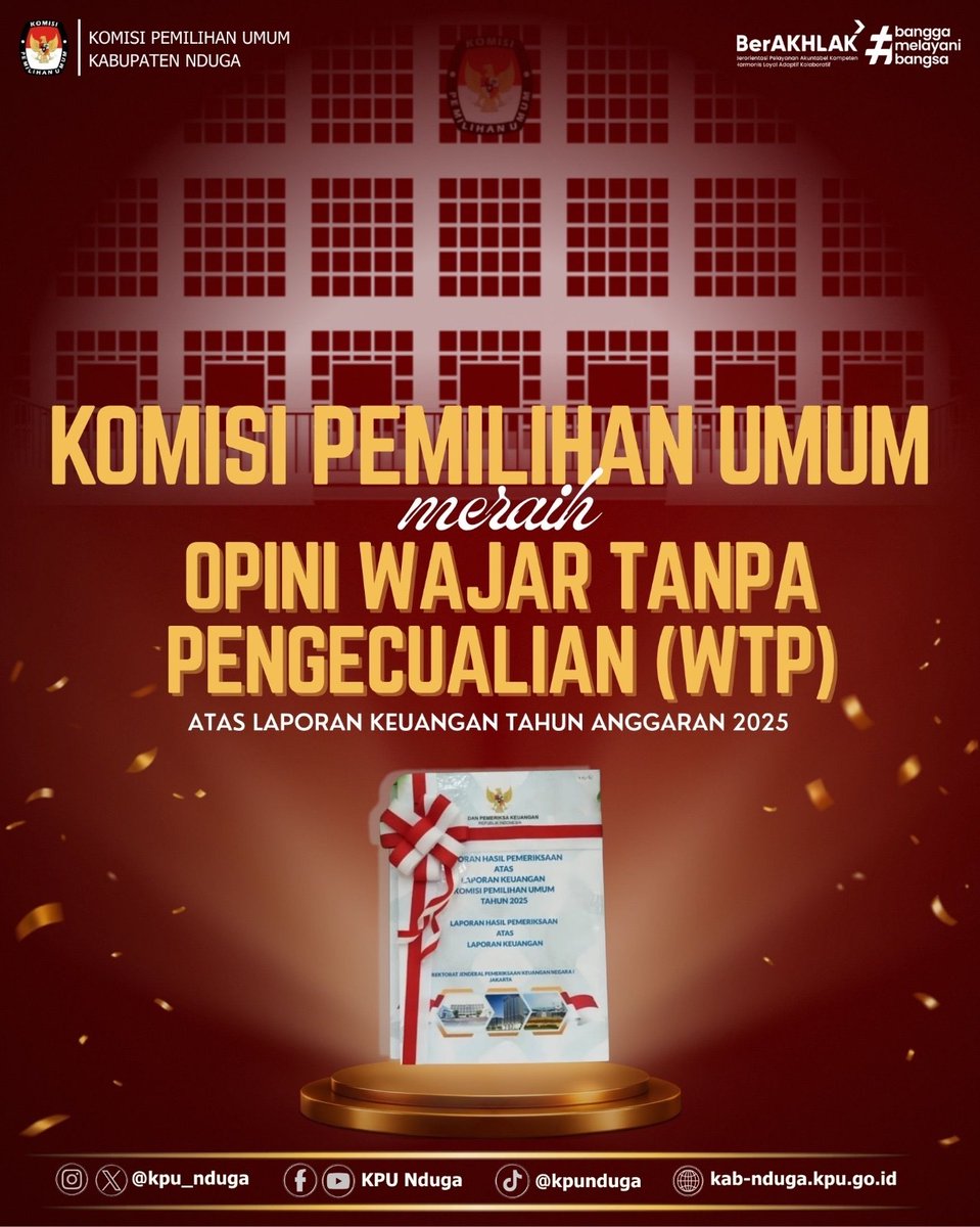 KpuNduga's tweet photo. #TemanPemilih, KPU kembali meraih opini Wajar Tanpa Pengecualian (WTP) atas Laporan Keuangan Tahun 2025 yang diserahkan langsung oleh Anggota I BPK selaku Pimpinan Pemeriksa Keuangan Negara, Nyoman Adhi Suryadnyana.

#KPUMelayani https://t.co/julXY9QxMi