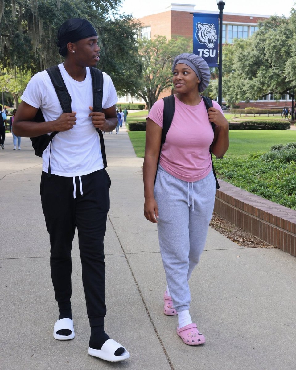 TerrellLeftist's tweet photo. If you want to go to class dressed like this I don't have a problem with it. Y'all act like these people don't know not to show up at job interviews looking like this. Y'all may have a few examples of people showing up to job interviews like this but y'all are acting like the entire culture doesn't know how to properly dress for professional occasions.